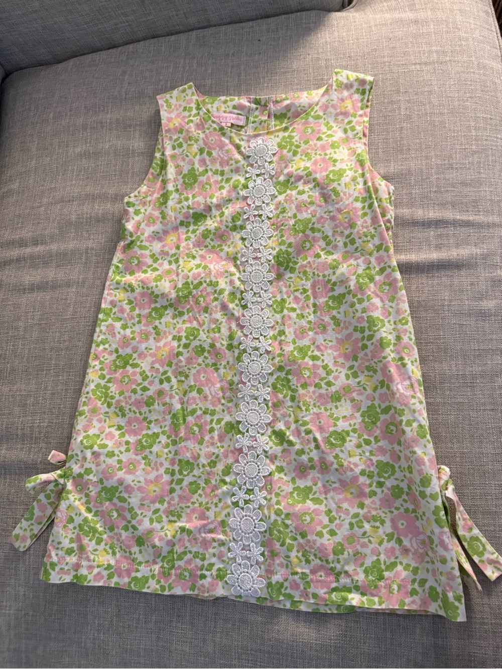 Girls Pink & Green Floral Shift Dress with Lace Trim - Peggy Green